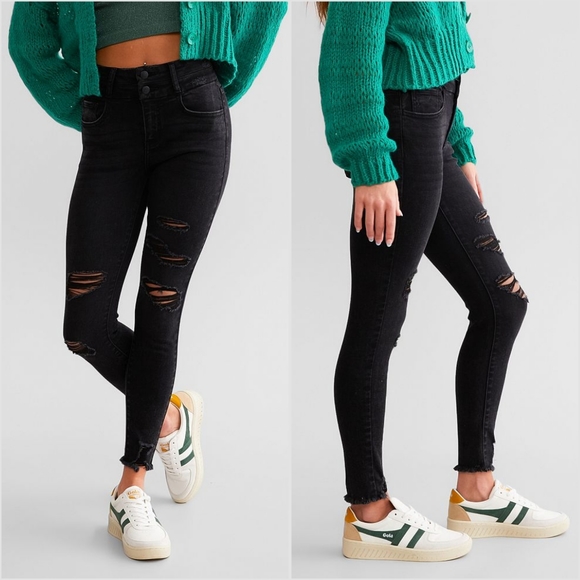 SOLD KanCan Signature for Buckle Black Ripped High Rise Skinny Jeans Sz 33/16 - Picture 2 of 7